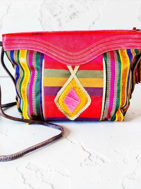 Vintage Sharif Colorful Striped Crossbody Bag with Tassel Accent zip closure - Picture 2 of 6